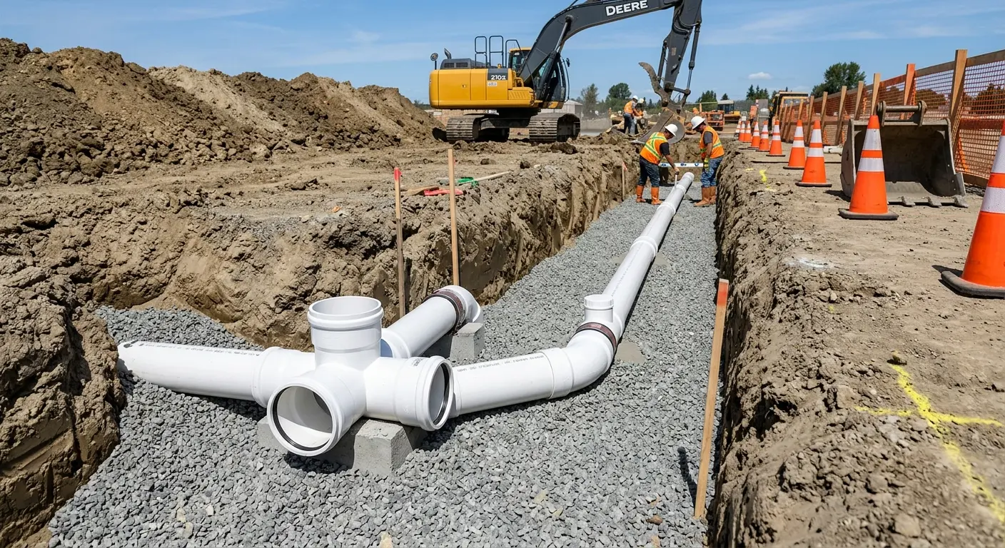 New PVC sewer pipe installation in open trench for Grease Trap Cleaning in Scappoose