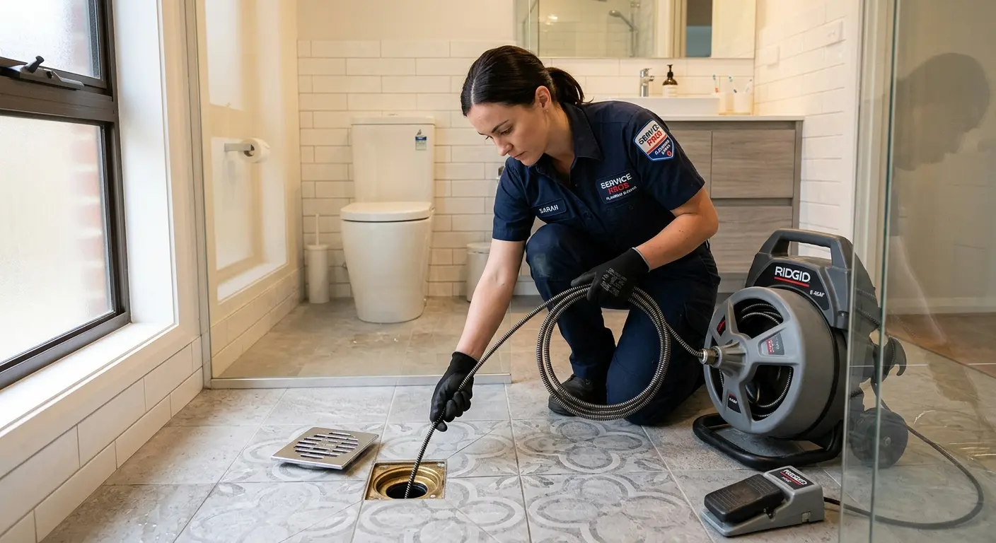 Technician clearing a bathroom floor drain for Sewer Line Installation in Scappoose